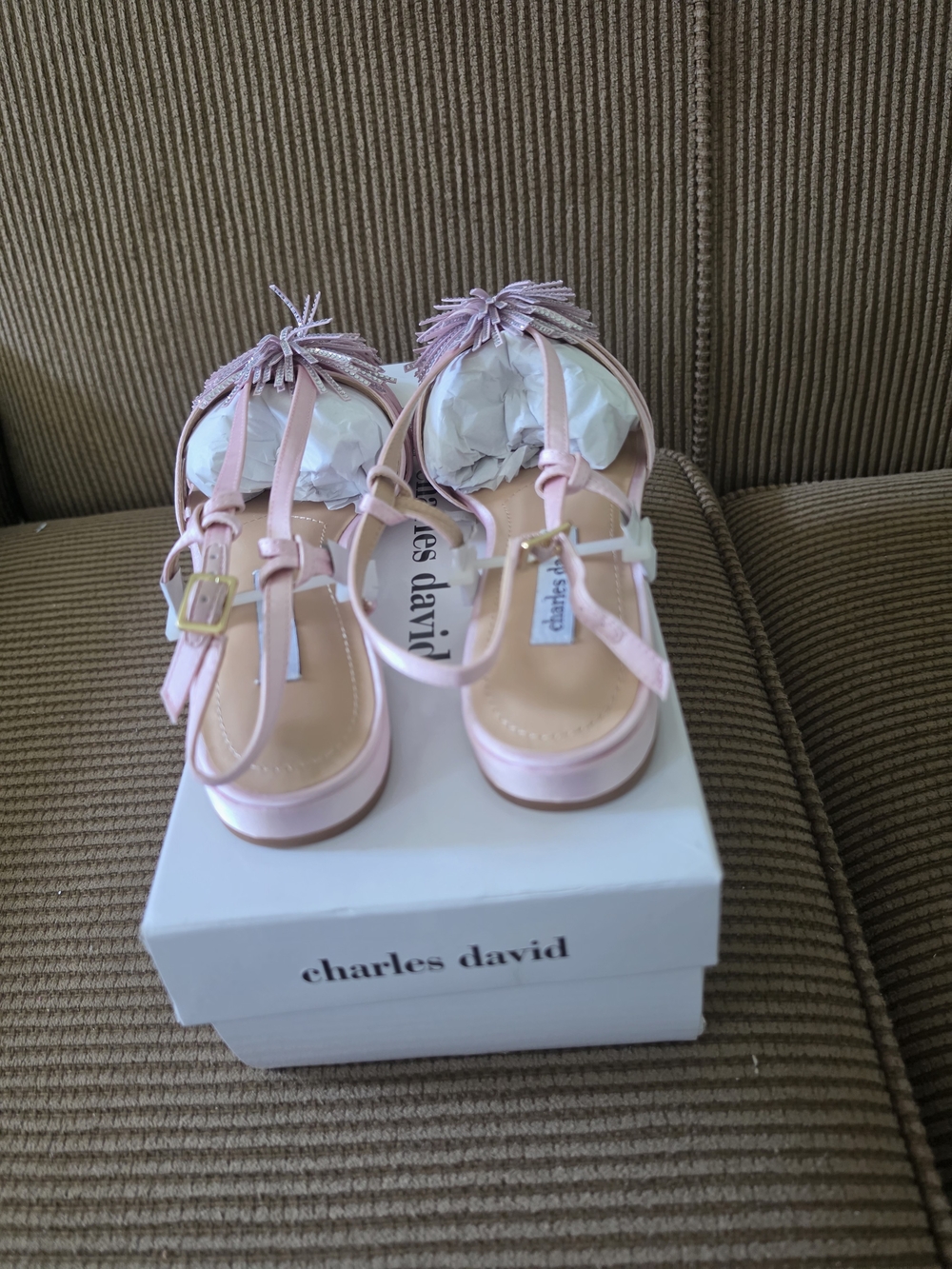 Charles David Rhinestone Pom-Pom Satin Flat Sandals (Pink) - Picture 5 of 6